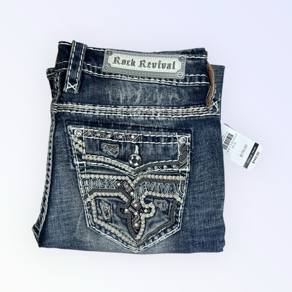 ROCK REVIVAL HEE BOOTCUT JEANS WOMENS 29/32 EMBELLISHED‎ POCKETS NEW!!!